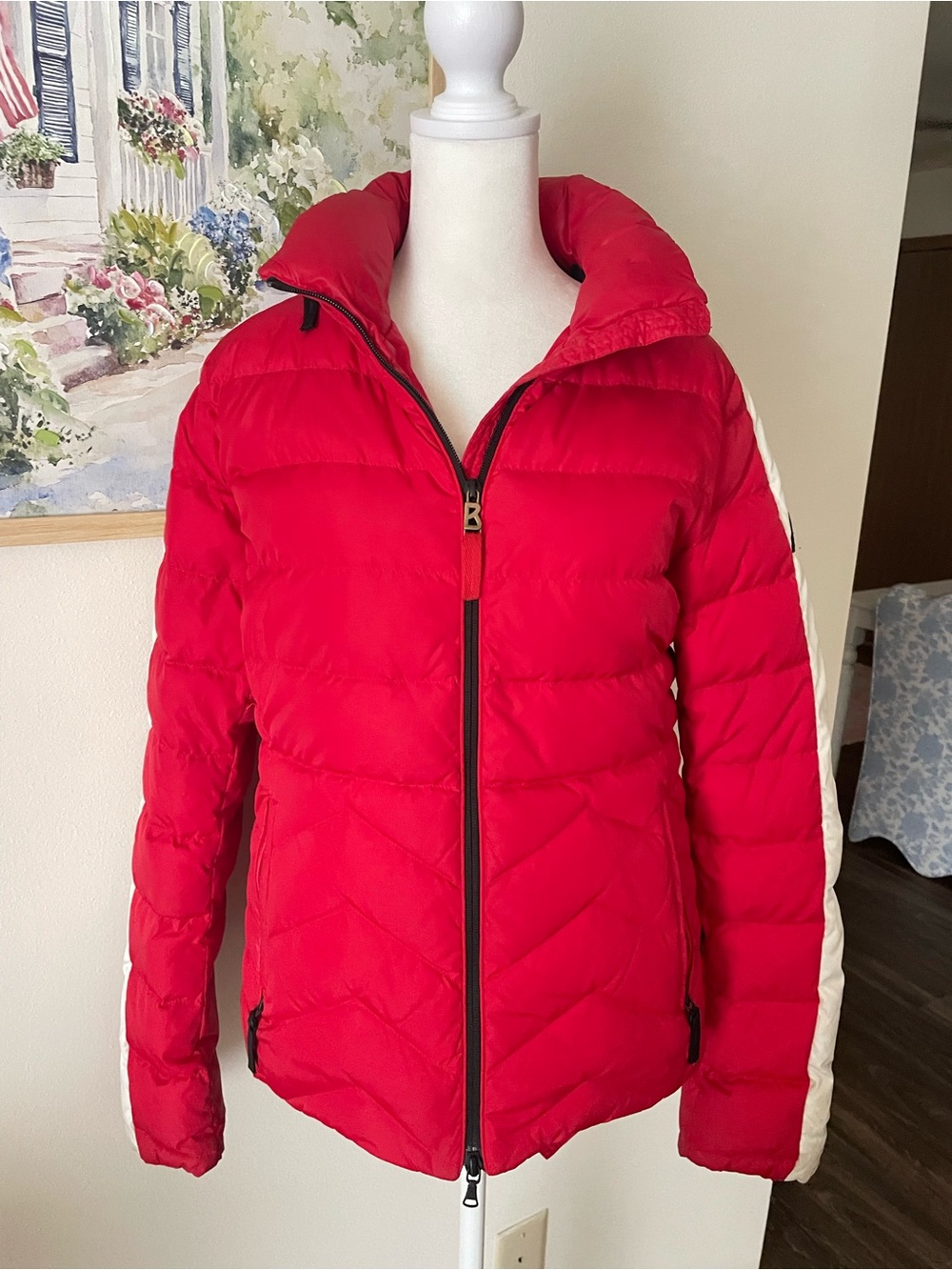 BOGNER FIRE + ICE Down Puffer Ski Jacket Red White Stripe Medium US 8